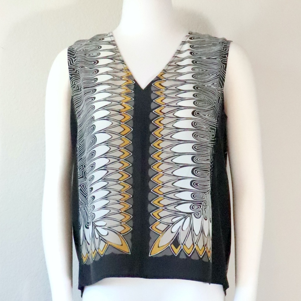 Boxy sleeveless silk top in an Art Deco type print
